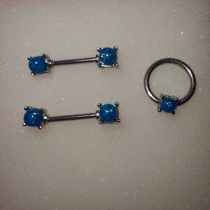 New Mystic Metal Faux  Blue Opal Beaded Gem Barbells And Hoop Set. Size 12g.